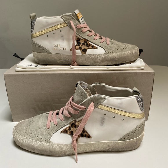 Golden Goose Mid Star Sneaker White Leather/Gold/Leopard Star sz 38 New in Box - Picture 6 of 14
